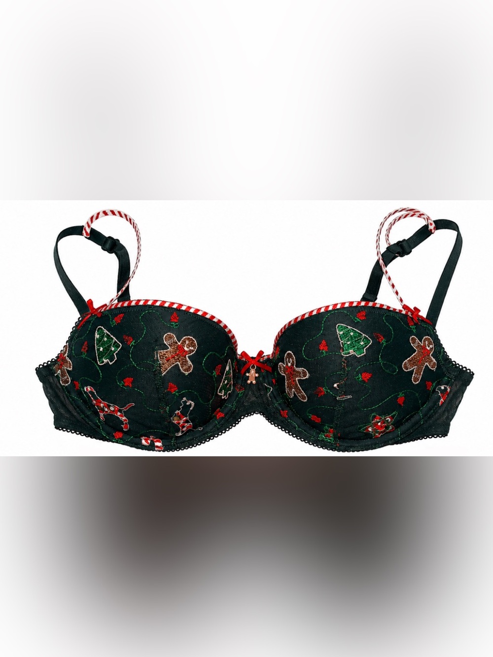 PINK Victoria Secret Forest Green Christmas Gingerbread Embroidery Bra Size 32b